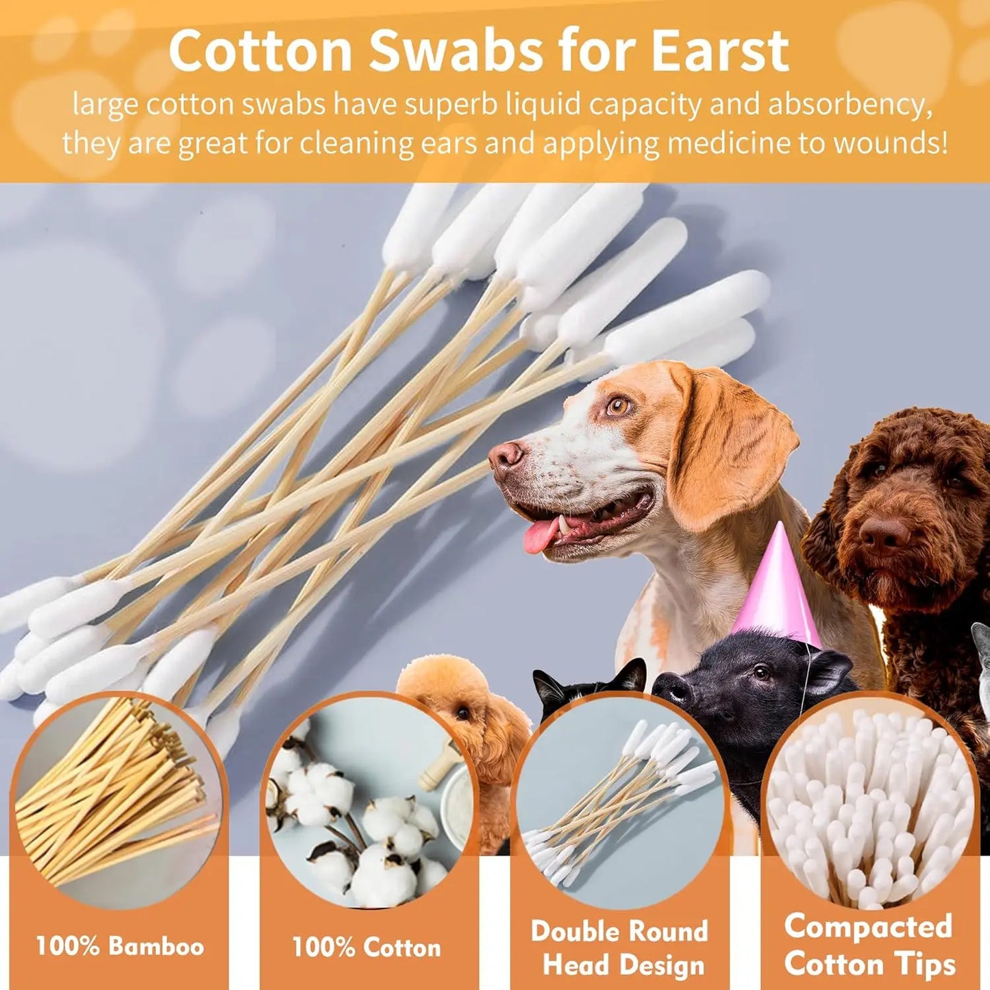 12/15cm Long Cotton Swabs ProfessionalCat Cotton Swabwith Bamboo Double Sided Dog Ear Swabs -Specially Designed Big Cotton Swabs