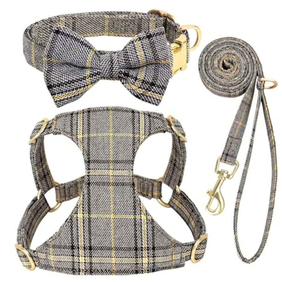 Extra Small Dog Harness Collar and Leash Set with Bowtie, Soft Adjustable Plaid Polyester Harness for Small Dogs and Cats, Red/