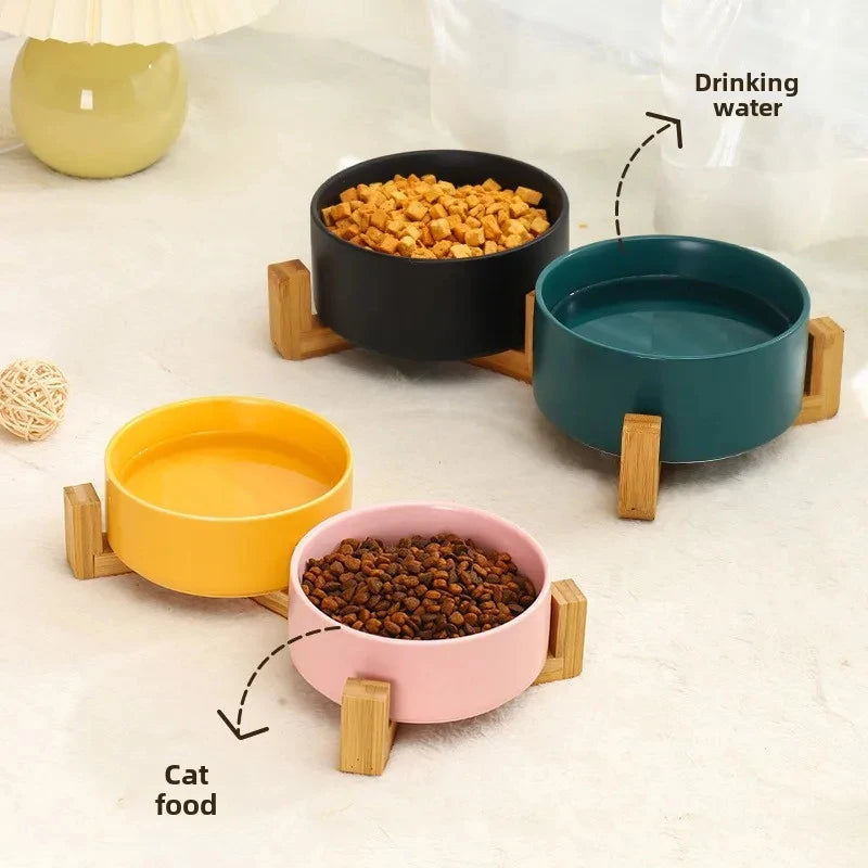 Ceramic Double Pet Bowl with Wood Stand - No Spill Food & Water Feeder for Dogs, Cats, Small & Large Pets
