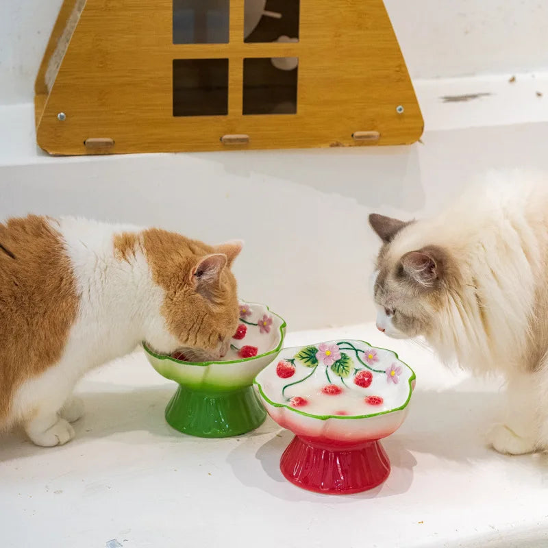 1pc Pet Ceramic Strawberry Slow Food Bowl with High Foot Design Anti Choking and Anti Tipping Cat Bowl
