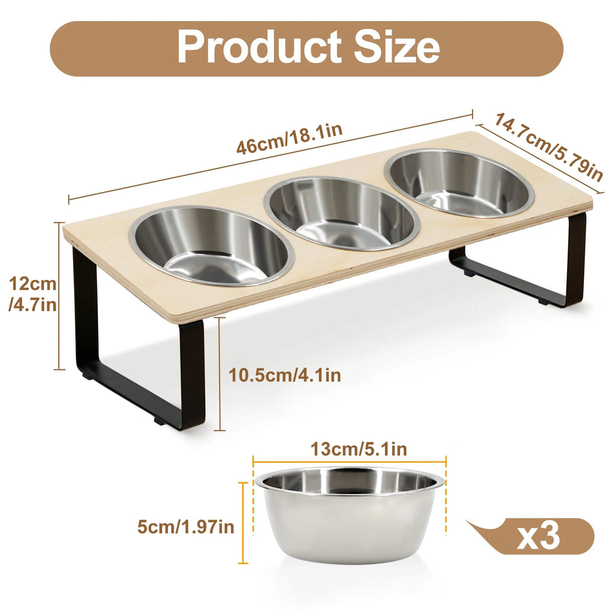Elevated Dog/Cat Bowls with 3 Stainless Steel Bowls 15° Tilted Anti-Vomiting Raised Cat Food Bowl for Small Cats Puppies Accessories