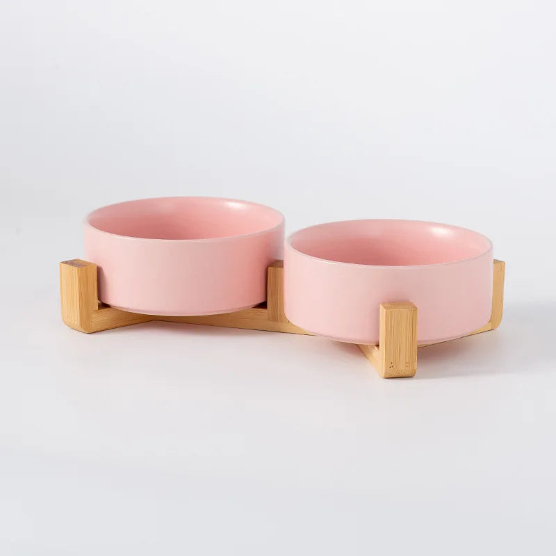 Ceramic Double Pet Bowl with Wood Stand - No Spill Food & Water Feeder for Dogs, Cats, Small & Large Pets