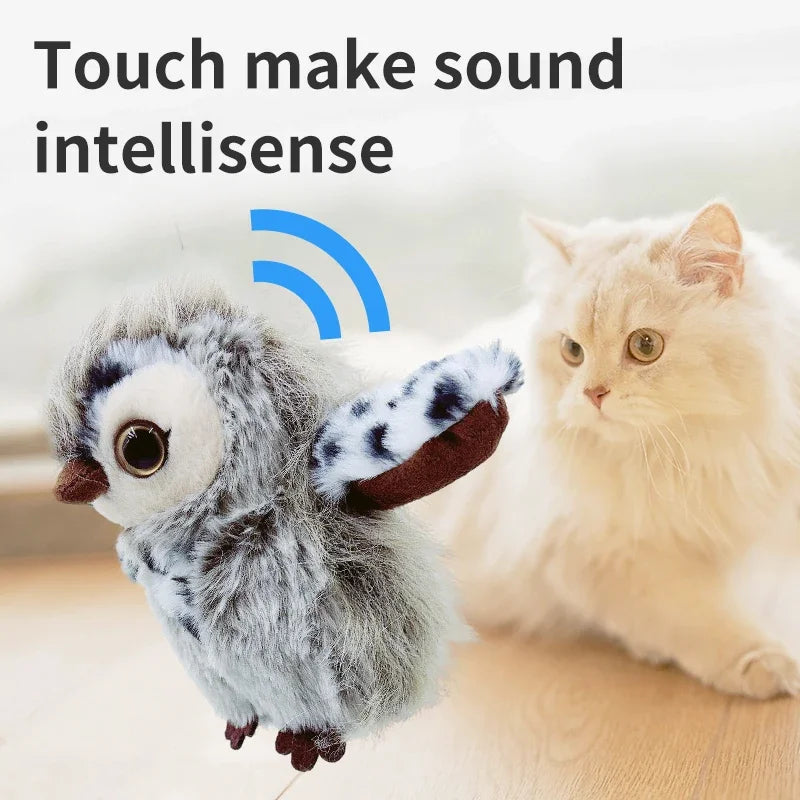 Cat Sound Toy, Realistic Owl Design, Emits Bird Calls, Fluttering Wings, Durable Pet Dog Toy, USB Rechargeable