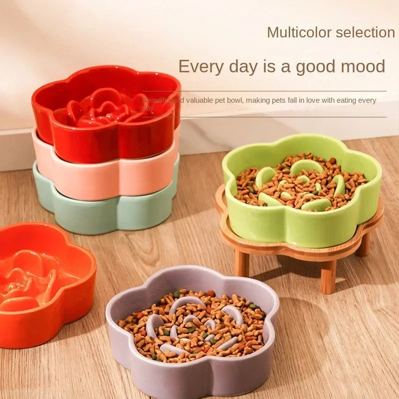 Ceramic Slow Food Bowl Anti-choking Cat Feeding Basin To Prevent Black Chin Small Dog Cat Neck Guard Wooden Frame Slow Food Bowl