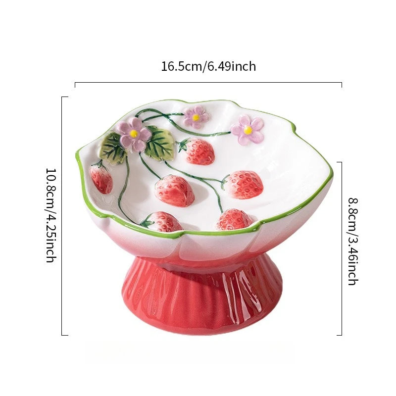 1pc Pet Ceramic Strawberry Slow Food Bowl with High Foot Design Anti Choking and Anti Tipping Cat Bowl