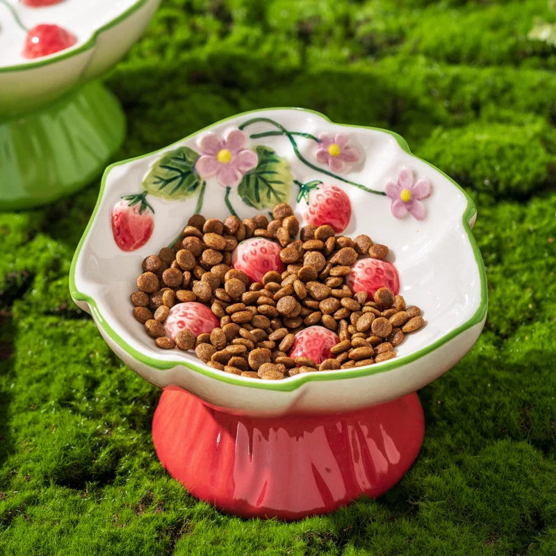 1pc Pet Ceramic Strawberry Slow Food Bowl with High Foot Design Anti Choking and Anti Tipping Cat Bowl