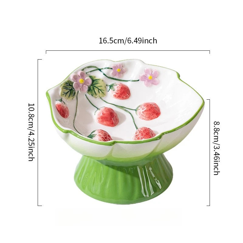 1pc Pet Ceramic Strawberry Slow Food Bowl with High Foot Design Anti Choking and Anti Tipping Cat Bowl