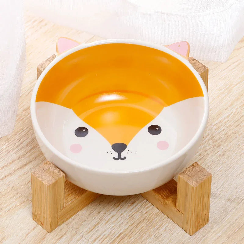 Ceramic Dog / Cat Bowl Raised Round Dog / Cat Bowl No Spill Pet Dish for Food / Water Feeding Cute Cartoon Printed Pet Elevated Dish