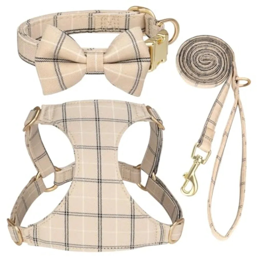 Extra Small Dog Harness Collar and Leash Set with Bowtie, Soft Adjustable Plaid Polyester Harness for Small Dogs and Cats, Red/