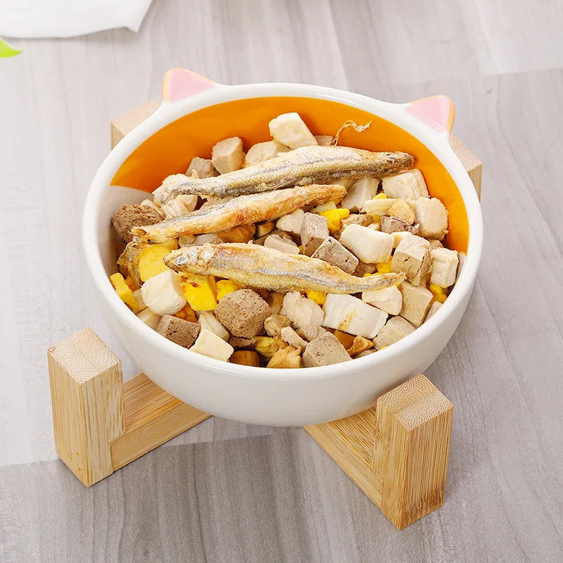 Ceramic Dog / Cat Bowl Raised Round Dog / Cat Bowl No Spill Pet Dish for Food / Water Feeding Cute Cartoon Printed Pet Elevated Dish