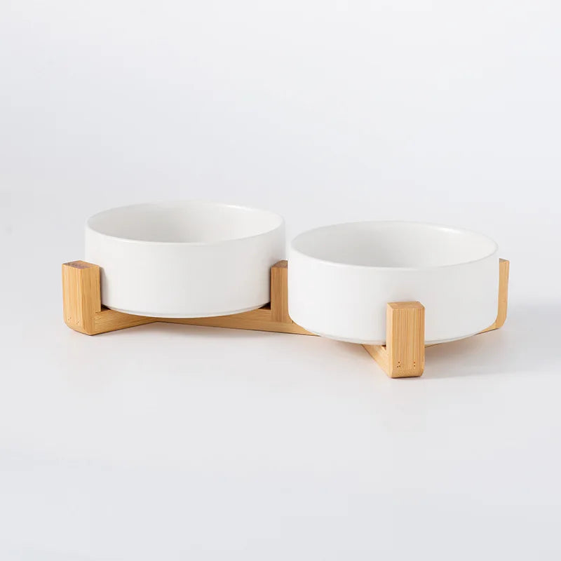 Ceramic Double Pet Bowl with Wood Stand - No Spill Food & Water Feeder for Dogs, Cats, Small & Large Pets