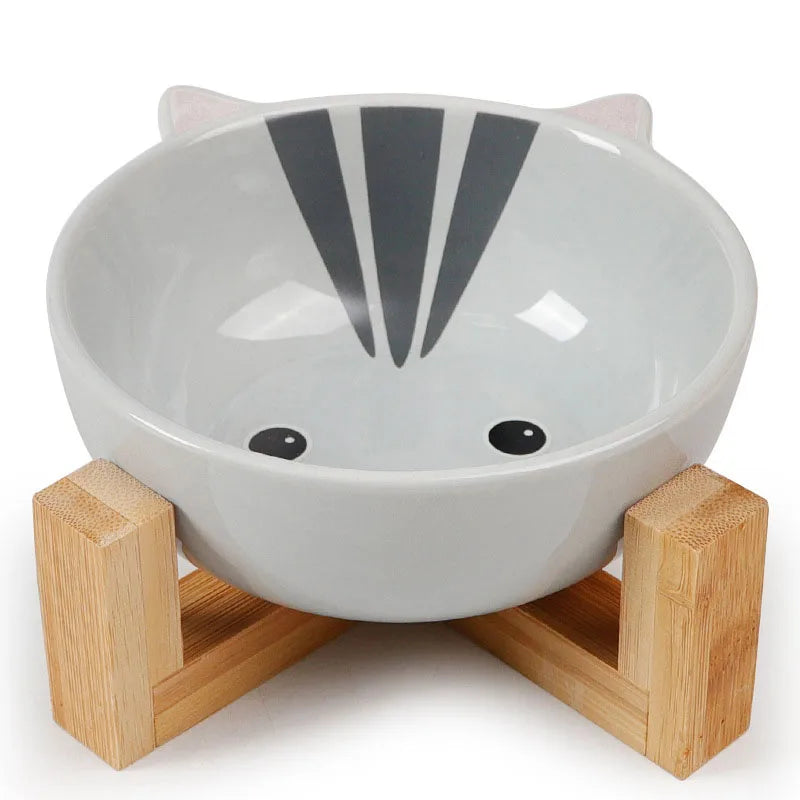 Ceramic Dog / Cat Bowl Raised Round Dog / Cat Bowl No Spill Pet Dish for Food / Water Feeding Cute Cartoon Printed Pet Elevated Dish