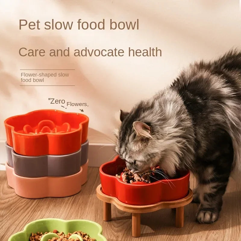 Ceramic Slow Food Bowl Anti-choking Cat Feeding Basin To Prevent Black Chin Small Dog Cat Neck Guard Wooden Frame Slow Food Bowl
