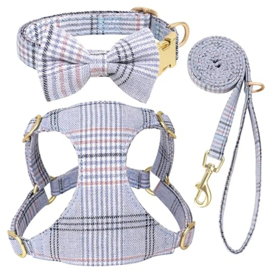 Extra Small Dog Harness Collar and Leash Set with Bowtie, Soft Adjustable Plaid Polyester Harness for Small Dogs and Cats, Red/