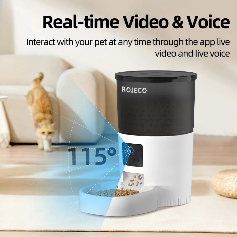 ROJECO Automatic Dog /  Cat Feeder With Camera Video Cat Food Dispenser Pet Smart Voice Recorder Remote Control Auto Feeder For Cat/ Dog