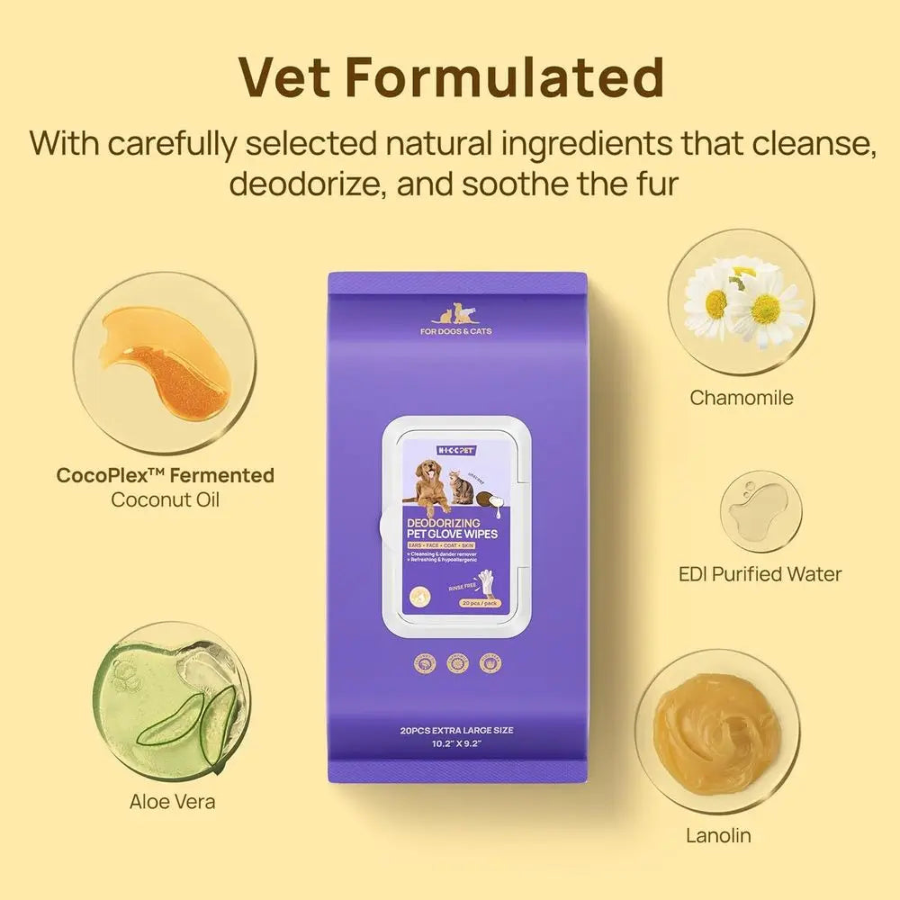 Pet Dog Wipes Cleaning Deodorizing Glove Wipes for Dogs, Cats & Horses, Vet Recommended Hypoallergenic and Hydrating