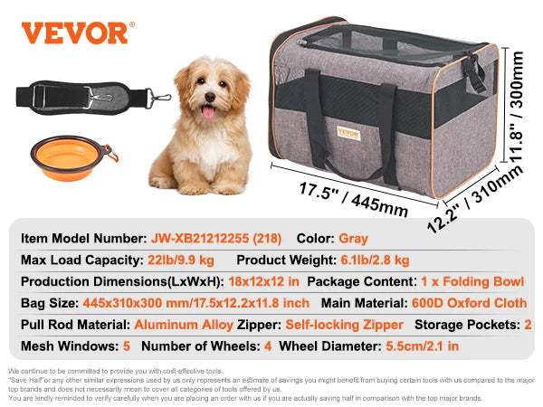 Pet Cat Carrier Breathable Outgoing Dog Carry Backpack with Telescopic Handle Wheels and Shoulder Strap for Travel Trip