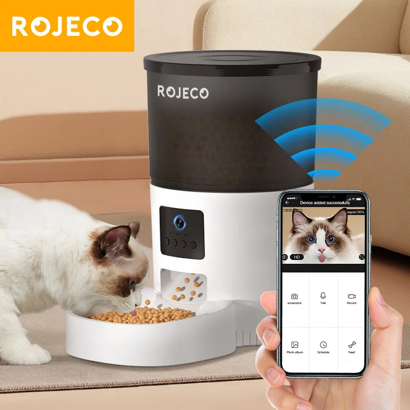 ROJECO Automatic Dog /  Cat Feeder With Camera Video Cat Food Dispenser Pet Smart Voice Recorder Remote Control Auto Feeder For Cat/ Dog