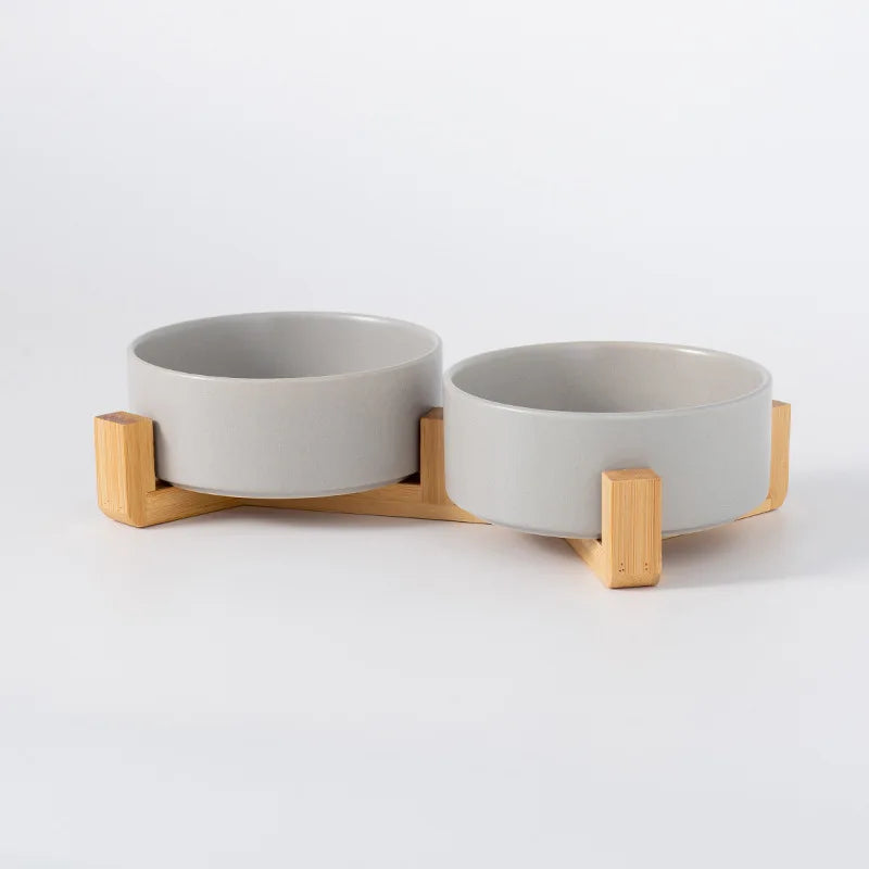 Ceramic Double Pet Bowl with Wood Stand - No Spill Food & Water Feeder for Dogs, Cats, Small & Large Pets