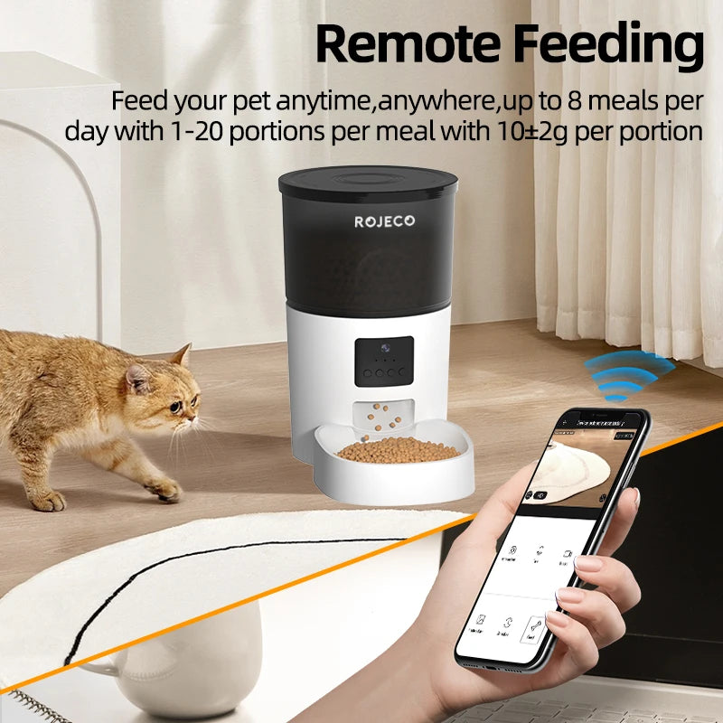 ROJECO Automatic Dog /  Cat Feeder With Camera Video Cat Food Dispenser Pet Smart Voice Recorder Remote Control Auto Feeder For Cat/ Dog