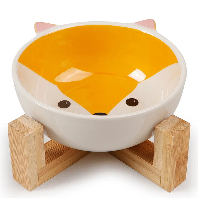 Ceramic Dog / Cat Bowl Raised Round Dog / Cat Bowl No Spill Pet Dish for Food / Water Feeding Cute Cartoon Printed Pet Elevated Dish