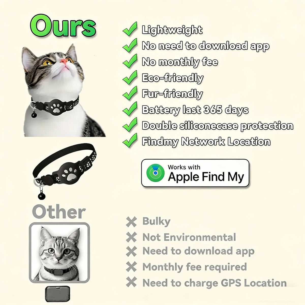 AirTag Cat Collar Reflective Paw Pattern Fit iOS Android System Quick Release Buckle Waterproof Anti-Lost Collar for Small Cats