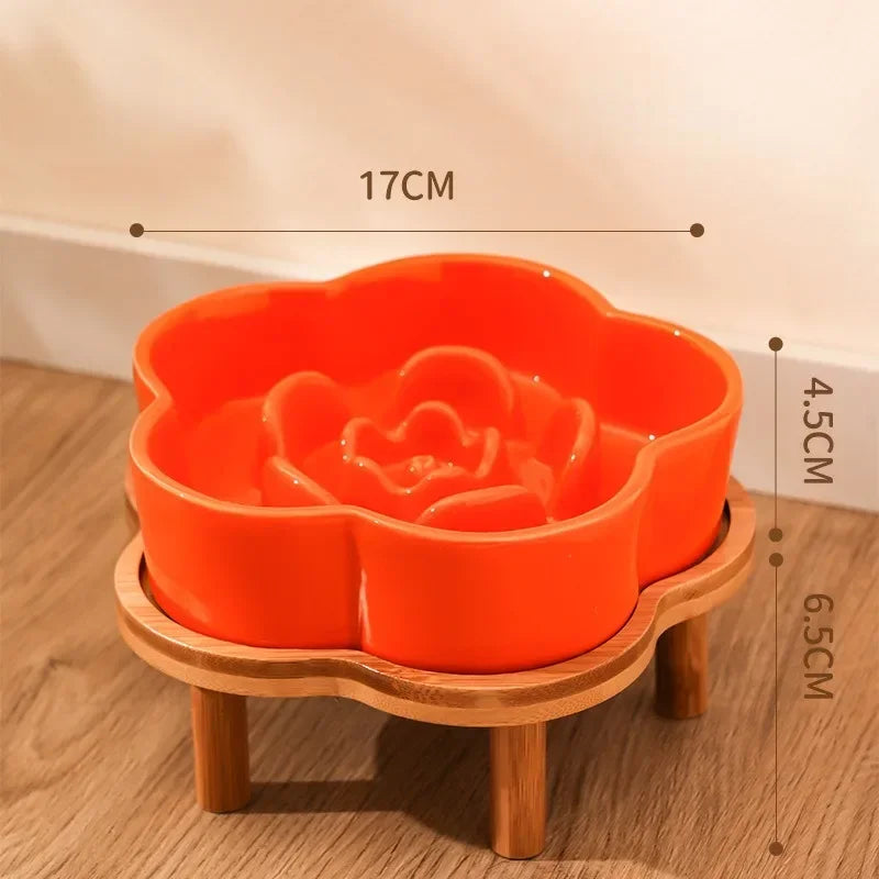Ceramic Slow Food Bowl Anti-choking Cat Feeding Basin To Prevent Black Chin Small Dog Cat Neck Guard Wooden Frame Slow Food Bowl