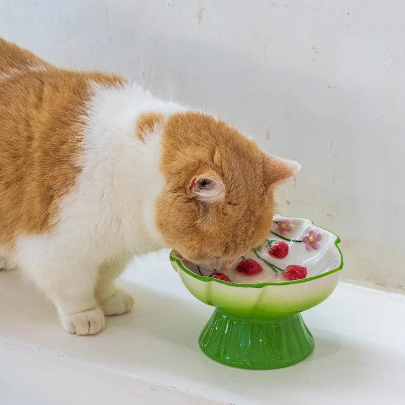 1pc Pet Ceramic Strawberry Slow Food Bowl with High Foot Design Anti Choking and Anti Tipping Cat Bowl