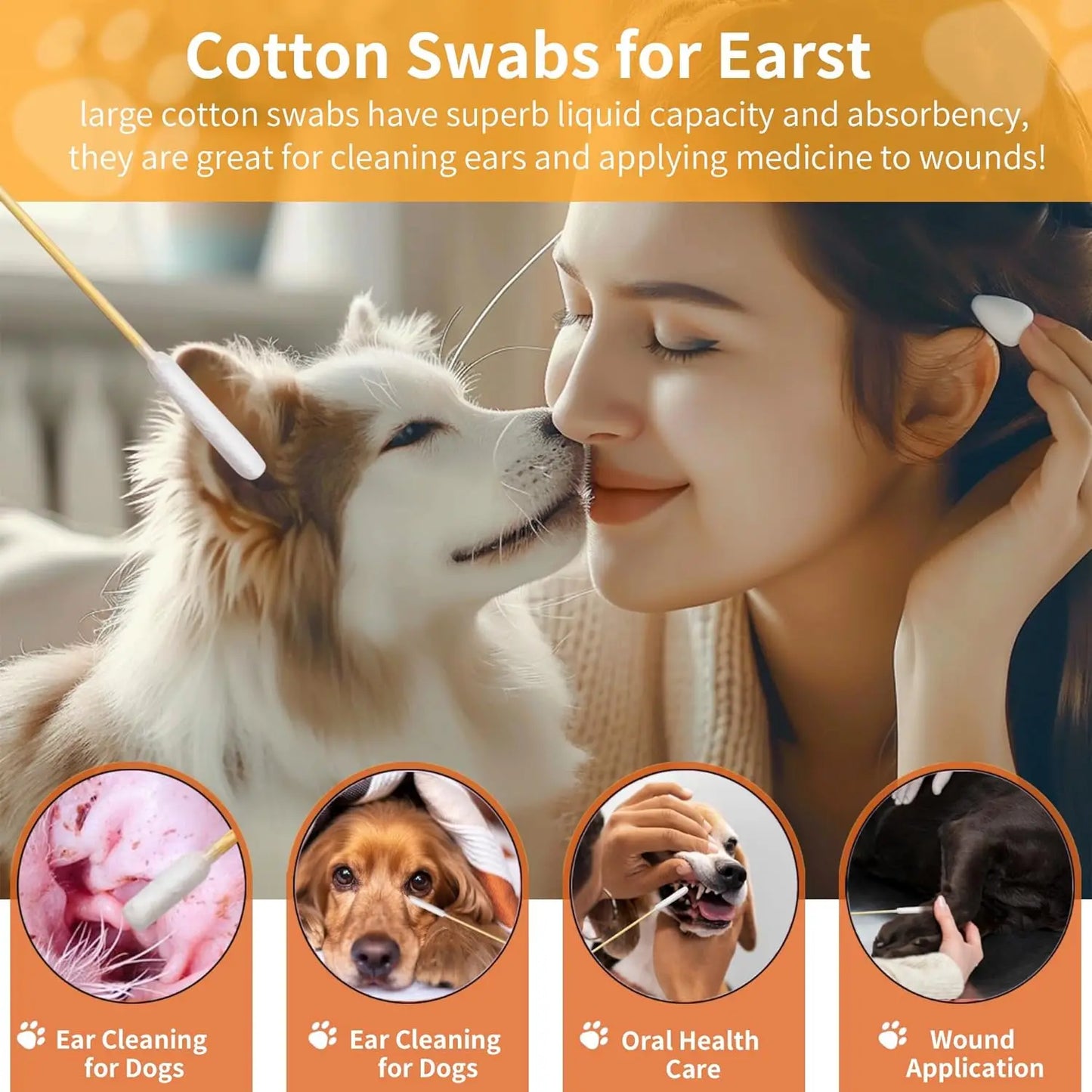 12/15cm Long Cotton Swabs ProfessionalCat Cotton Swabwith Bamboo Double Sided Dog Ear Swabs -Specially Designed Big Cotton Swabs
