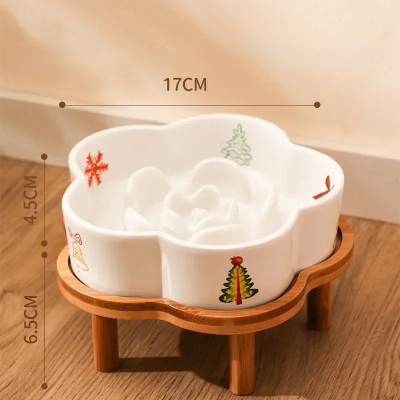 Ceramic Slow Food Bowl Anti-choking Cat Feeding Basin To Prevent Black Chin Small Dog Cat Neck Guard Wooden Frame Slow Food Bowl