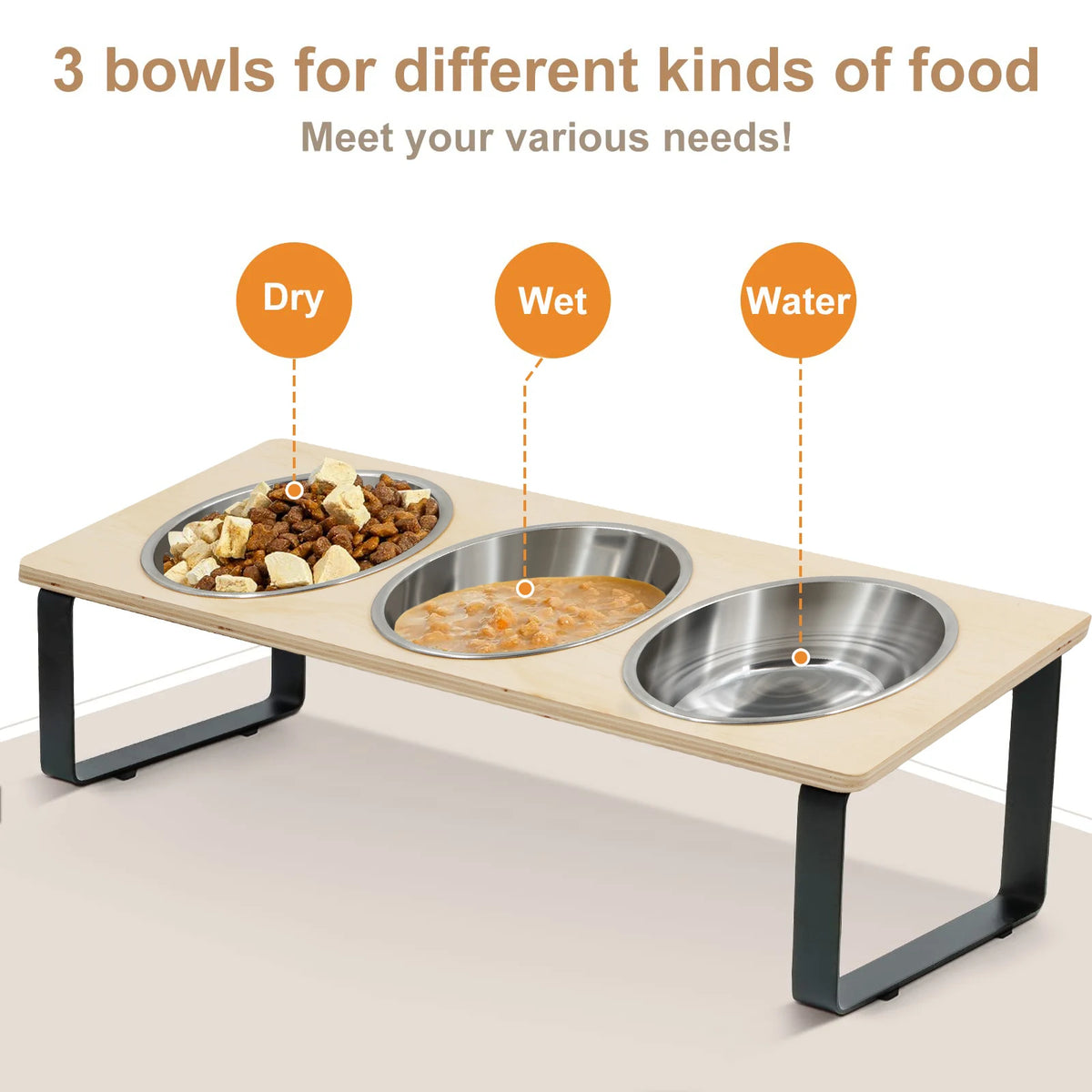 Elevated Dog/Cat Bowls with 3 Stainless Steel Bowls 15° Tilted Anti-Vomiting Raised Cat Food Bowl for Small Cats Puppies Accessories