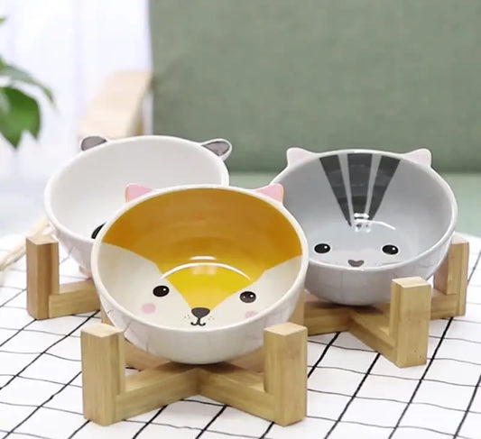 Ceramic Dog / Cat Bowl Raised Round Dog / Cat Bowl No Spill Pet Dish for Food / Water Feeding Cute Cartoon Printed Pet Elevated Dish
