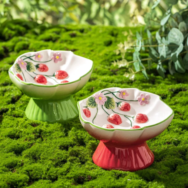 1pc Pet Ceramic Strawberry Slow Food Bowl with High Foot Design Anti Choking and Anti Tipping Cat Bowl