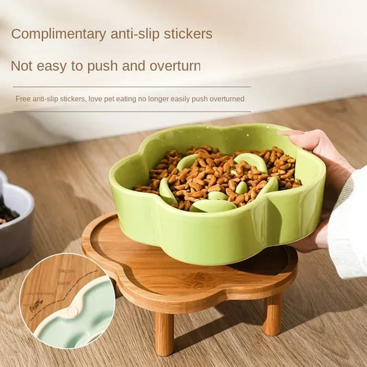 Ceramic Slow Food Bowl Anti-choking Cat Feeding Basin To Prevent Black Chin Small Dog Cat Neck Guard Wooden Frame Slow Food Bowl