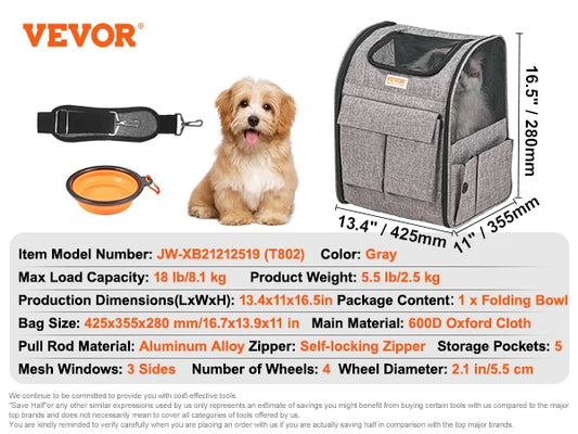 Pet Cat Carrier Breathable Outgoing Dog Carry Backpack with Telescopic Handle Wheels and Shoulder Strap for Travel Trip