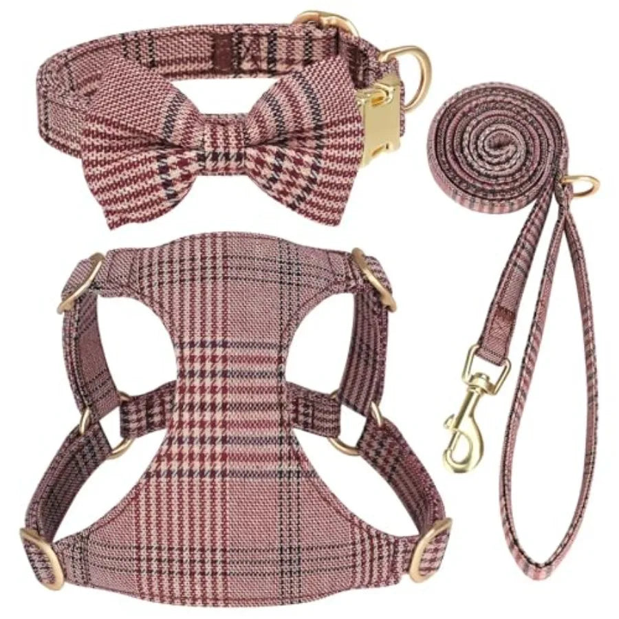 Extra Small Dog Harness Collar and Leash Set with Bowtie, Soft Adjustable Plaid Polyester Harness for Small Dogs and Cats, Red/