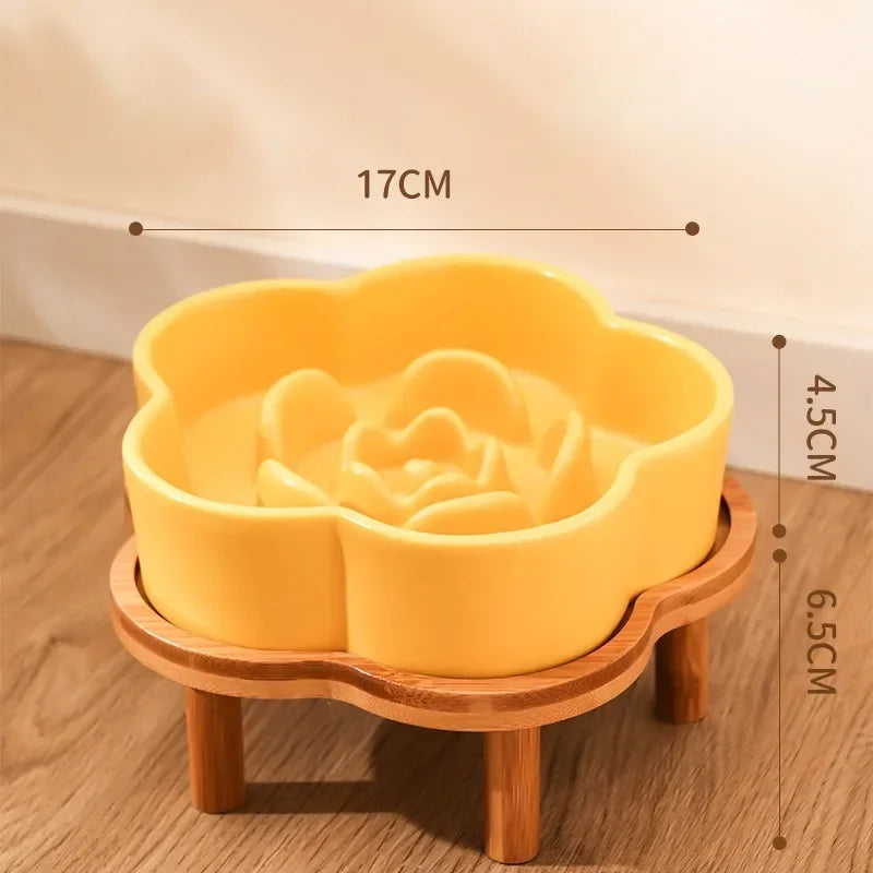 Ceramic Slow Food Bowl Anti-choking Cat Feeding Basin To Prevent Black Chin Small Dog Cat Neck Guard Wooden Frame Slow Food Bowl