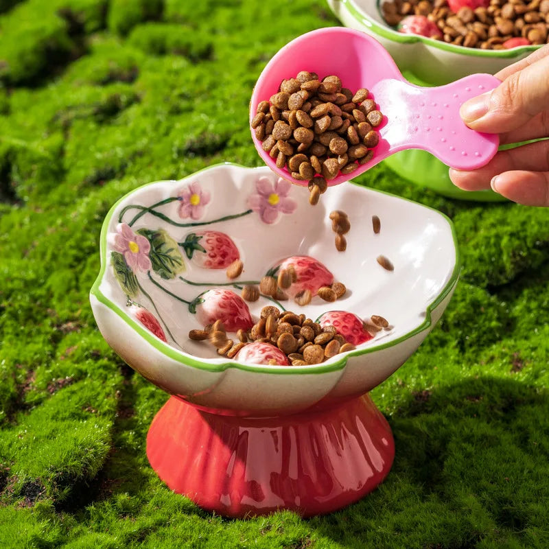 1pc Pet Ceramic Strawberry Slow Food Bowl with High Foot Design Anti Choking and Anti Tipping Cat Bowl